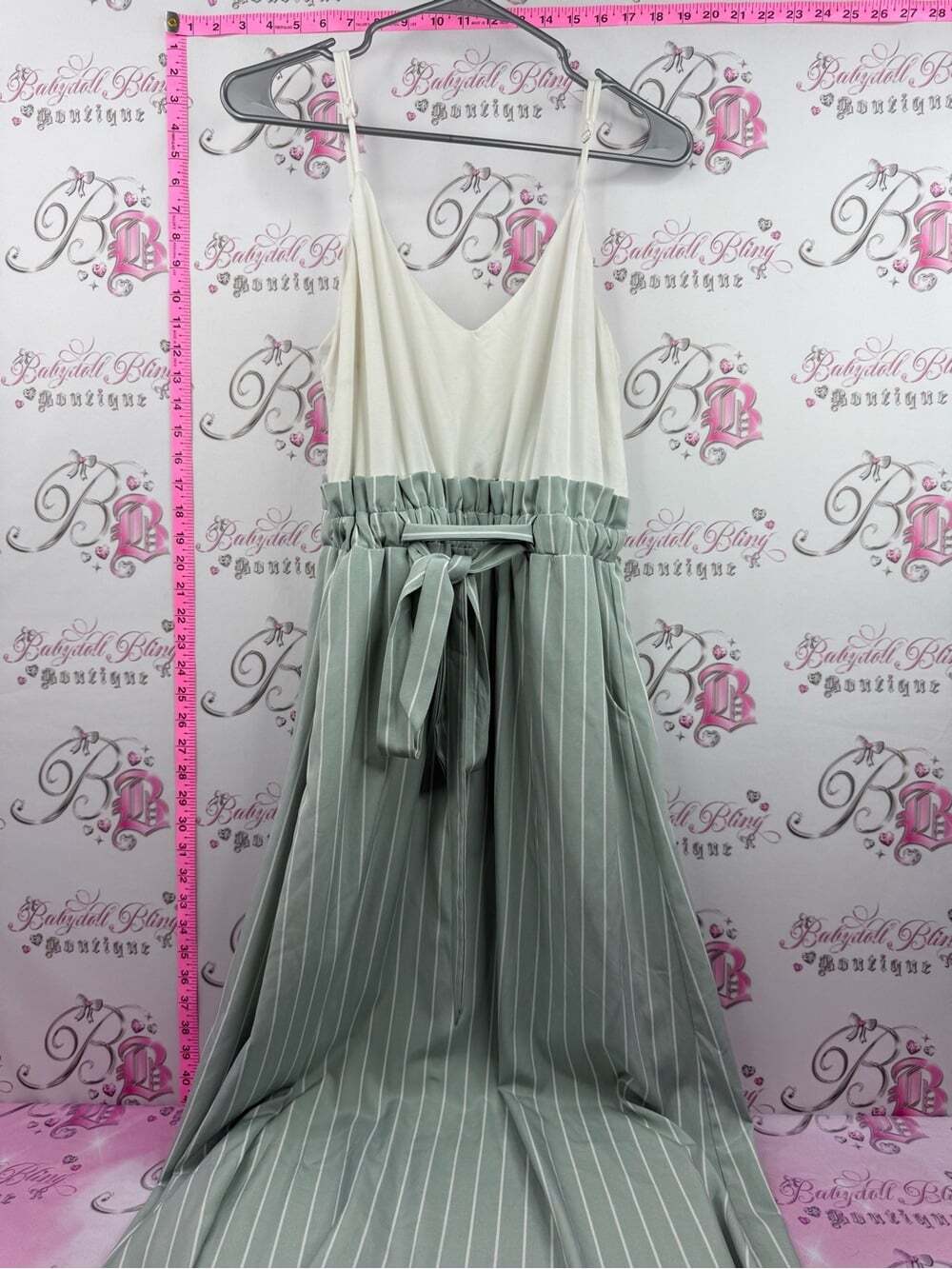 Main Strip dress long stripe Cream Sage Two-Tone Striped Maxi Dress Tie Waist